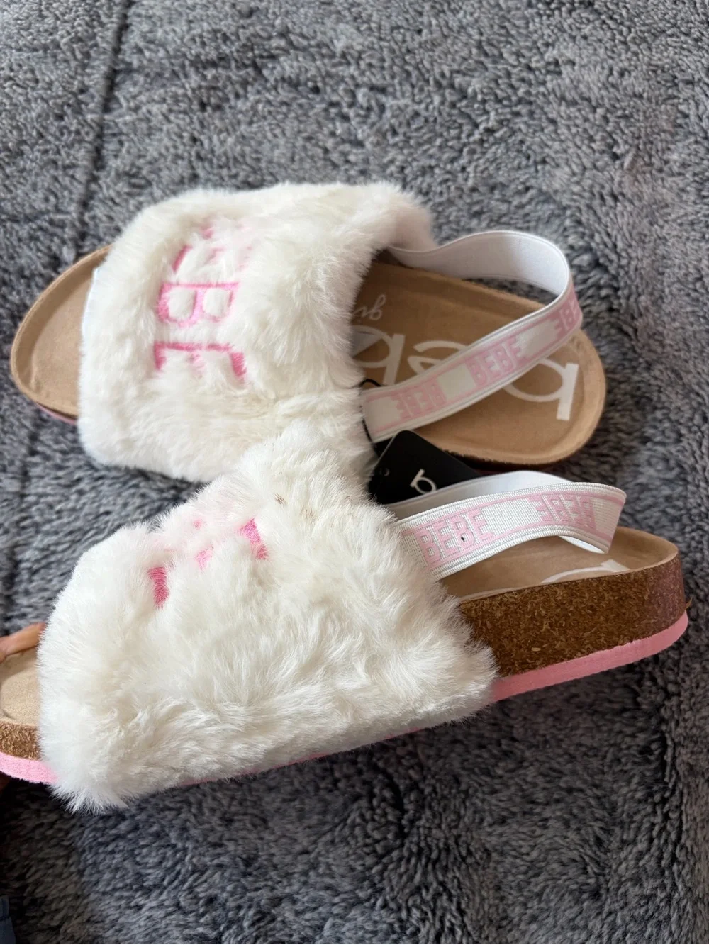 bebe Girls White Faux-Fur Slide Sandals with Pink Logo